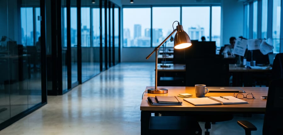 A lit desk lamp in a large dark open-plan office