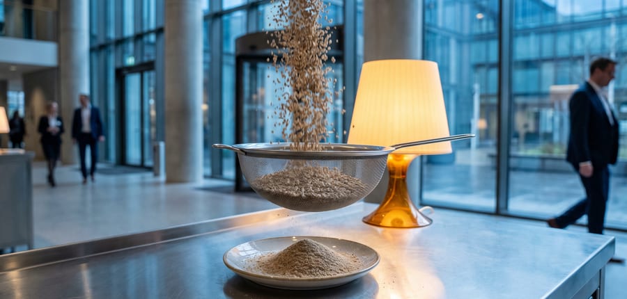 A metal sieve on a bench with a fine pile beneath