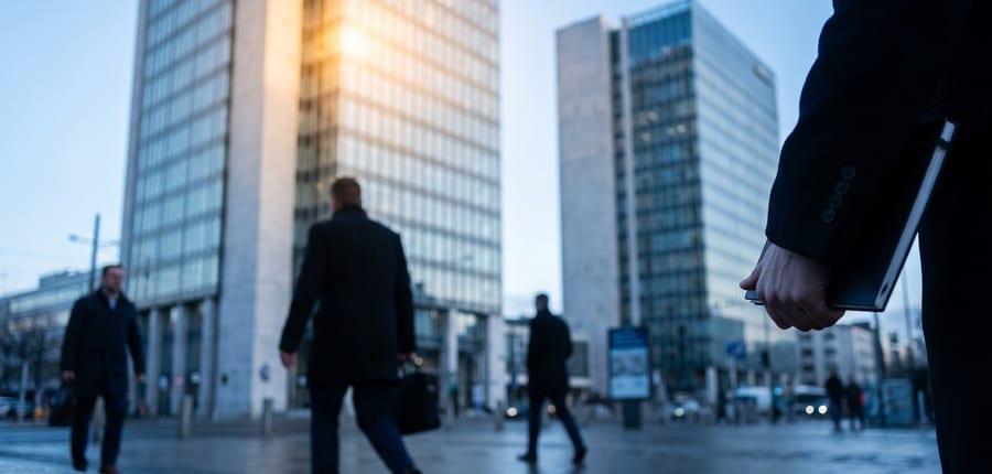 Two office towers, one much taller and sunlit